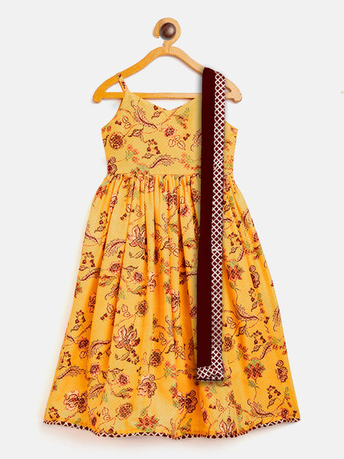 Vastramay SISHU Girl's Yellow Floral Print Anarkali Kurta With Dupatta